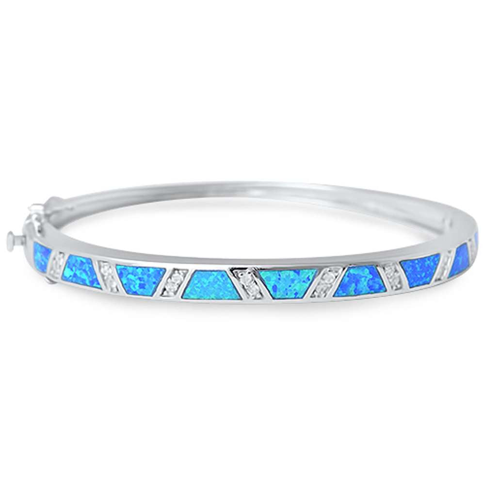 Blue Opal & Cz .925 Sterling Silver Bangle Bracelet