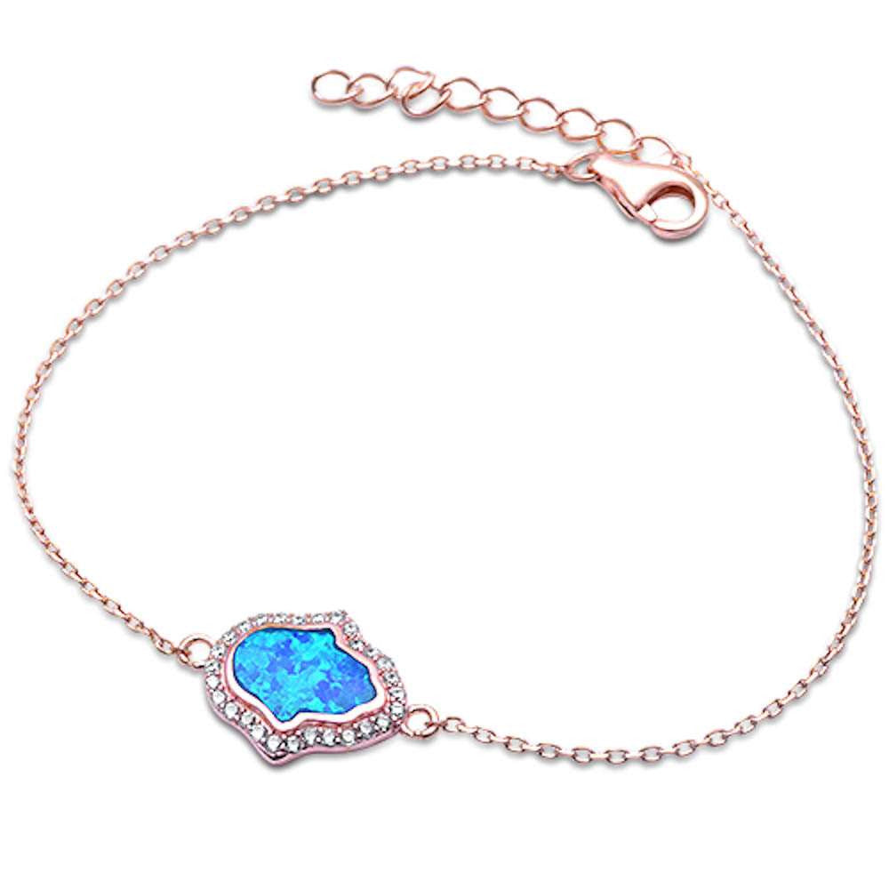 Rose Gold Plated Blue Opal & Cz Hamsa Symbol .925 Sterling Silver Bracelet