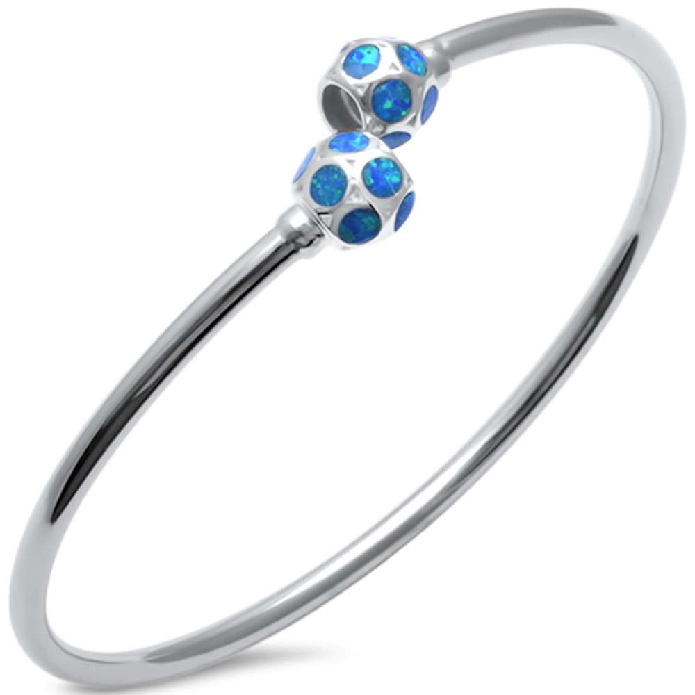 Blue Opal Ball Cuff .925 Sterling Silver Bangle Bracelet 7.5"