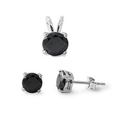 Round Black Cubic Zirconia .925 Sterling Silver Pendant and Earrings