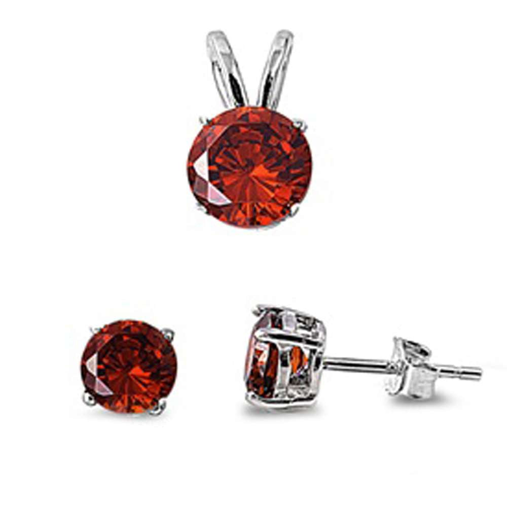 Round Red Garnet .925 Sterling Silver Pendant & Earrings Set