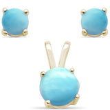 Yellow Gold Plated Natural Larimar Round Set .925 Sterling Silver Earring & Pendant Set