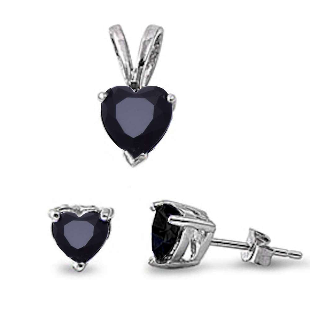 Black Onyx Heart .925 Sterling Silver Earring & Pendant Set