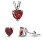 Garnet CZ Heart Pendant & Earrings Set .925 Sterling Silver