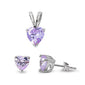 Lavender CZ Heart Pendant & Earrings Set .925 Sterling Silver
