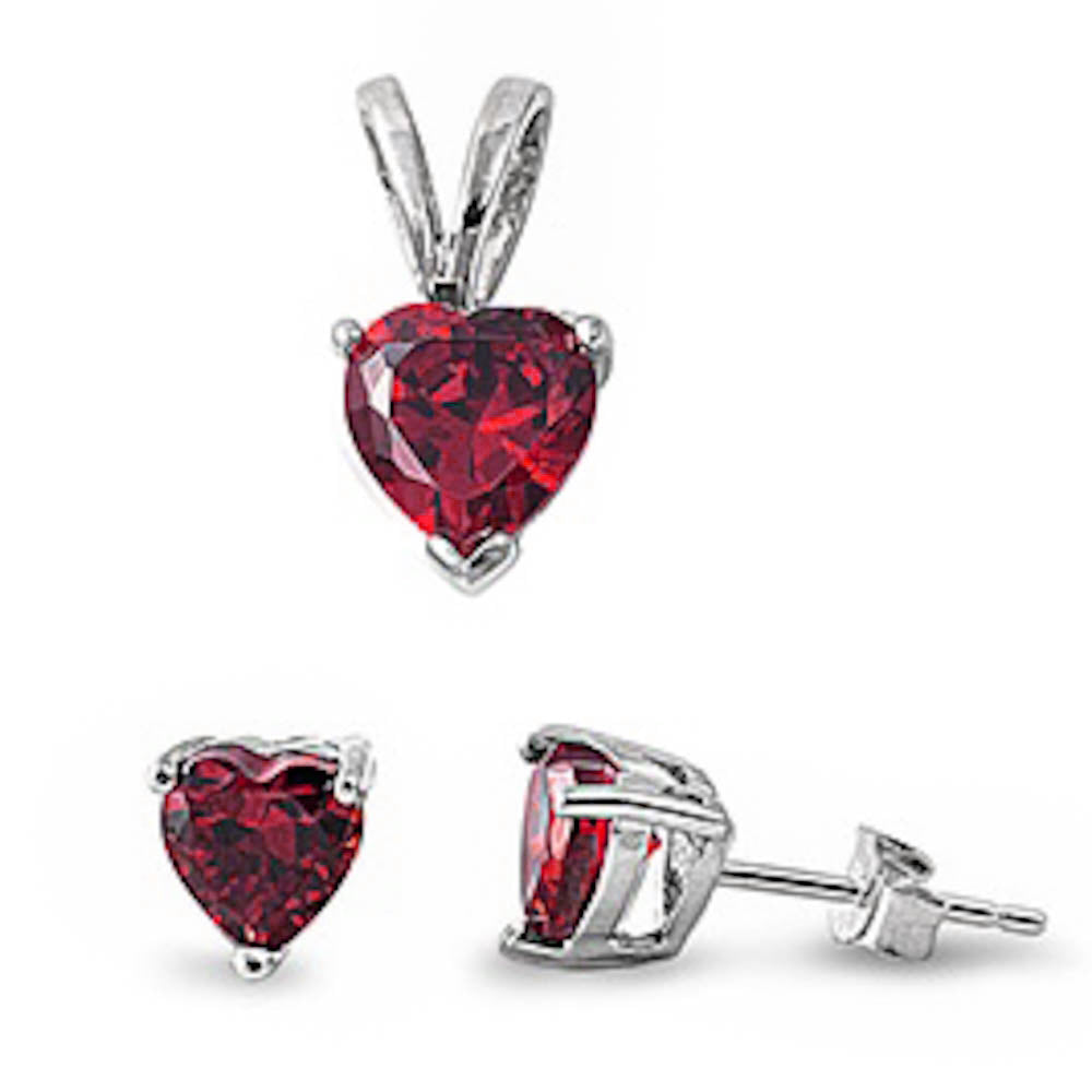 Ruby Heart Pendant & Earrings Set .925 Sterling Silver