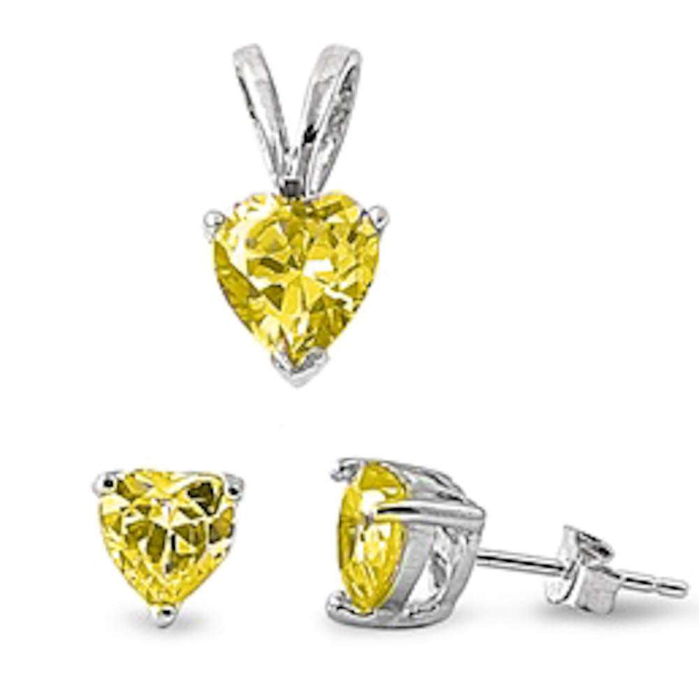 Yellow Topaz Heart .925 Sterling Silver Earring & Pendant Set
