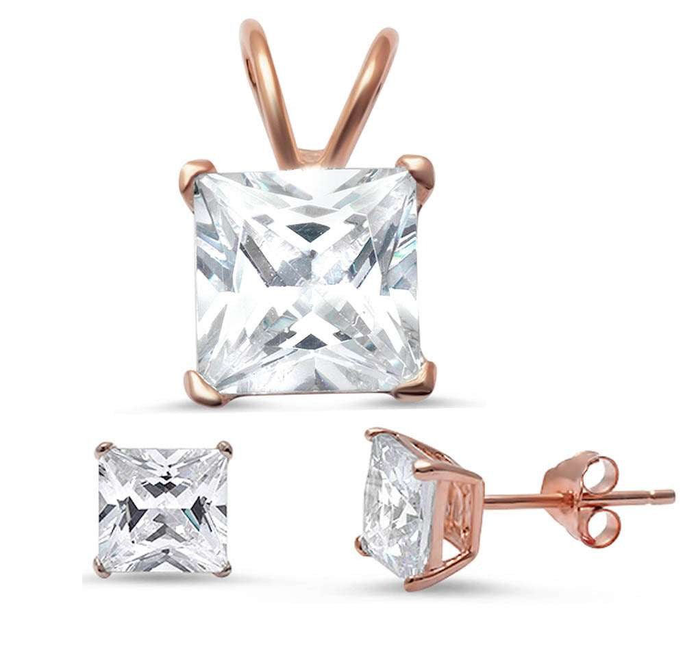 Rose Gold Plated Princess Cut Cz .925 Sterling Silver Pendant & Earring set
