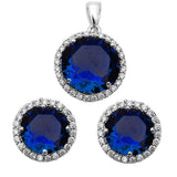 HALO BLUE SAPPHIRE & CZ .925 Sterling Silver Earring & Pendant Set .75"X.5