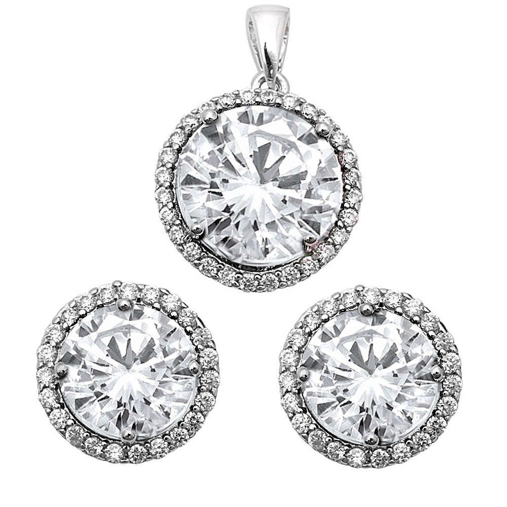 <span>CLOSEOUT! </span>Halo Clear Cubic Zirconia .925 Sterling Silver Earring & Pendant Set .75"X.5