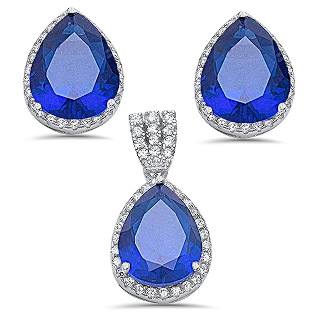 <span>CLOSEOUT! </span>Pear Shape Blue Sapphire & Cubic Zirconia .925 Sterling Silver Earring