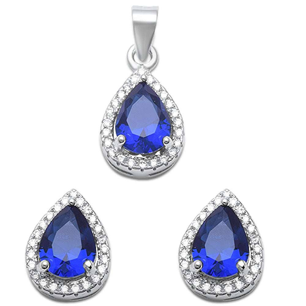 Pear Shape Sapphire& Cz .925 Sterling Silver Pendant & Earring set