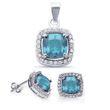 Aquamarine & CZ Halo .925 Sterling Silver Earring & Pendant Set