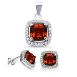 Garnet & CZ Halo .925 Sterling Silver Earring & Pendant Set