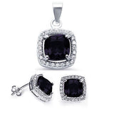 Cushion Black Onyx & CZ Halo .925 Sterling Silver Earring & Pendant Set