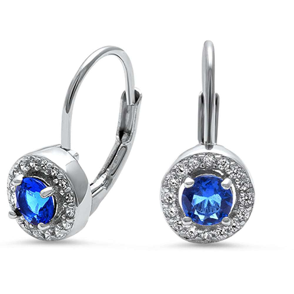 Halo Blue Sapphire & Cz .925 Sterling Silver Earrings