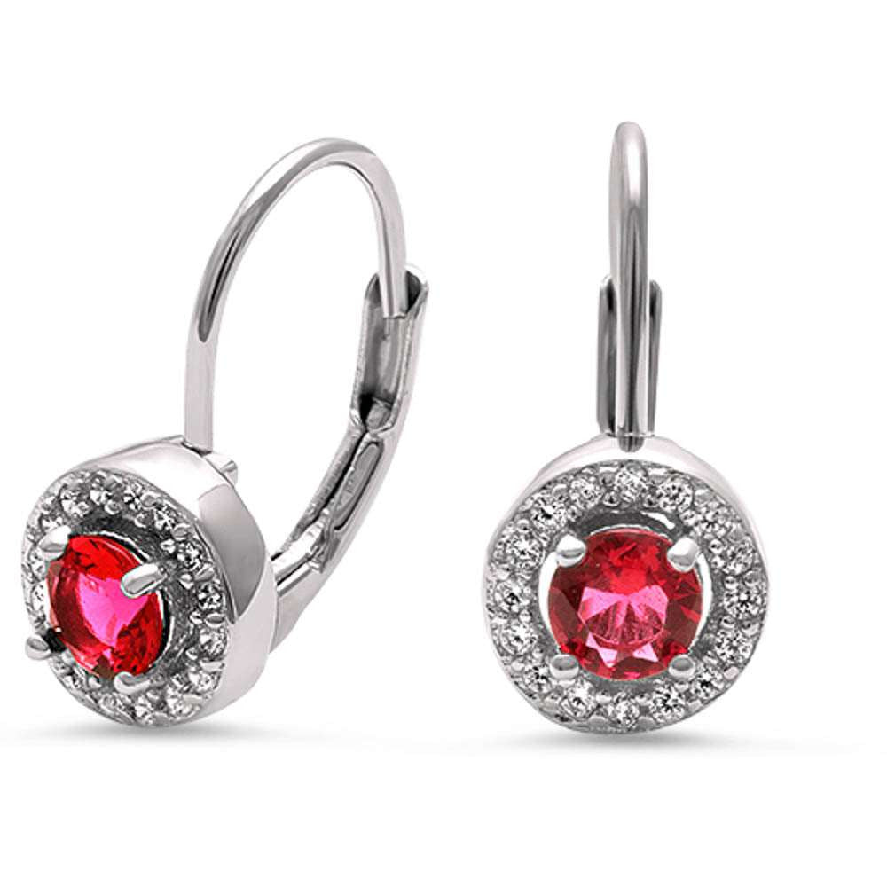 Halo Ruby & Cz .925 Sterling Silver Earrings