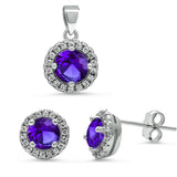 Halo Amethyst & Cz .925 Sterling Silver Pendant & Earrings Set