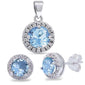 Aquamarine Halo Solitaire .925 Sterling Silver Earring & Pendant Set
