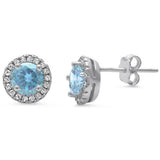 Halo Aquamarine & Cz stud .925 Sterling Silver Earrings