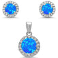 Round Halo Blue Opal & Cubic Zirconia .925 Sterling Silver Pendant & Earrings