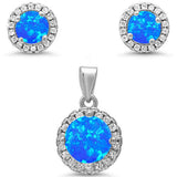 Round Halo Blue Opal & Cubic Zirconia .925 Sterling Silver Pendant & Earrings