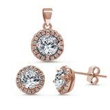 Rose Gold Plated Halo Cubic Zirconia .925 Sterling Silver Pendant & Earring