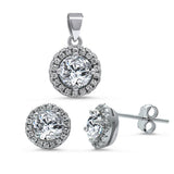 Halo Fine Cz .925 Sterling Silver Pendant & Earrings Set