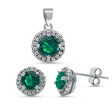 Halo Green Emerald & Cz .925 Sterling Silver Pendant & Earrings Set