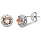 Aretes de tuerca redondos de morganita con halo de plata de ley .925
