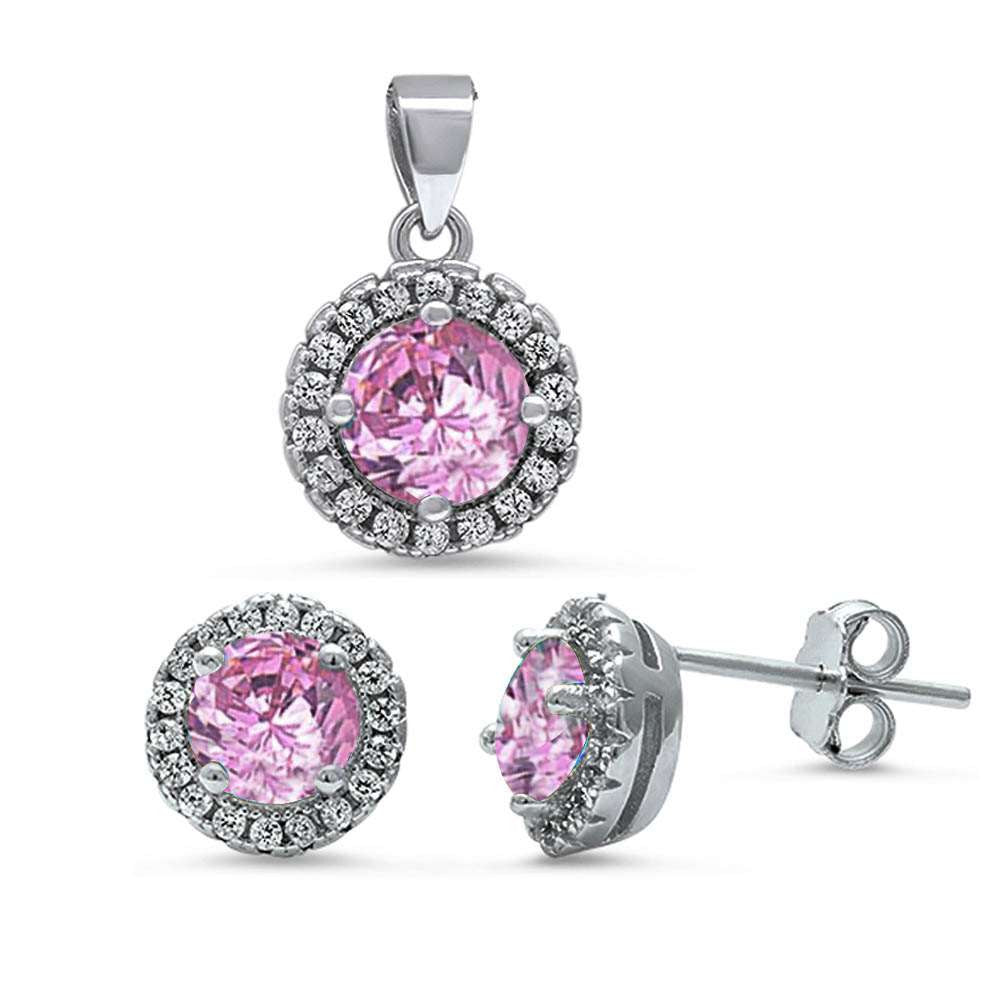 Halo Pink Cz & White Cz .925 Sterling Silver Pendant & Earrings Set