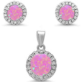 Round Halo Pink Opal & Cubic Zirconia .925 Sterling Silver Pendant & Earrings
