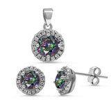 Rainbow Topaz Halo Cubic Zirconia Pendant & Earrings .925 Sterling Silver Set