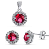 Halo Ruby & Cz .925 Sterling Silver Pendant & Earrings Set