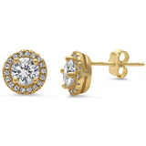 Yellow Gold Plated Halo Cz .925 Sterling Silver Earrings