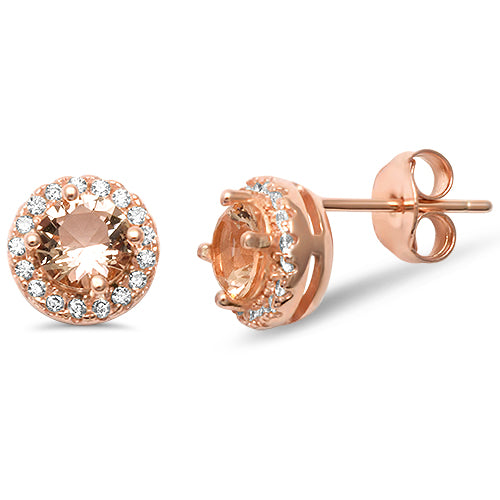 Rose Gold Plated Round Halo Morganite Studs .925 Sterling Silver Earrings