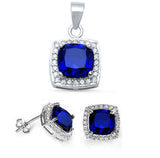 Cushion Blue Sapphire & Cz .925 Sterling Silver Pendant & Earring set