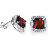 Cushion Cut Red Garnet & Cubic Zirconia .925 Sterling Silver Earrings