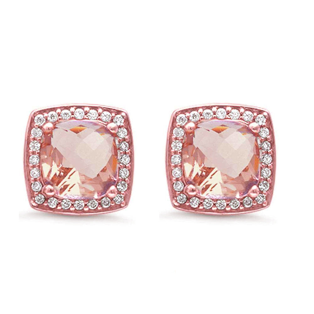 Rose Gold Plated Square Princess Cut Halo Morganite .925 Sterling Silver Earrings