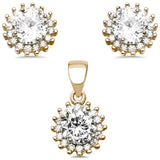Yellow Gold Plated Halo Cubic Zirconia .925 Sterling Silver Earring and Pendant Set