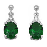 Dangling Oval Emerald & Cz .925 Sterling Silver Earrings