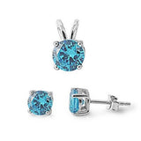 Round Blue Topaz Cz .925 Sterling Silver Pendant & Earrings Set