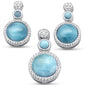 Round Natural Larimar & Cz Earring & Pendant .925 Sterling Silver Set