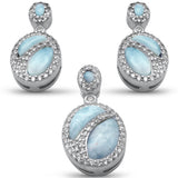 Natural Larimar & CZ .925 Sterling Silver Earring & Pendant Set