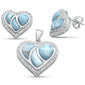 Natural Larimar & Cz Heart Earring & Pendant .925 Sterling Silver Set