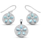 Sand Dollar Coin & Plumeria Natural Larimar .925 Sterling Silver Earring & Pendant Set