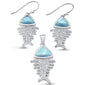 Nartural Larimar & CZ Fishbone .925 Sterling Silver Pendant & Earring Set