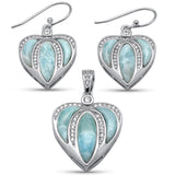 Heart Shaped Natural Larimar & CZ .925 Sterling Silver Earring & Pendant Set