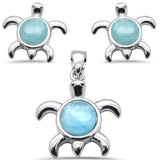 Oval Natural Larimar Turtle .925 Sterling Silver Pendant & Earring Set