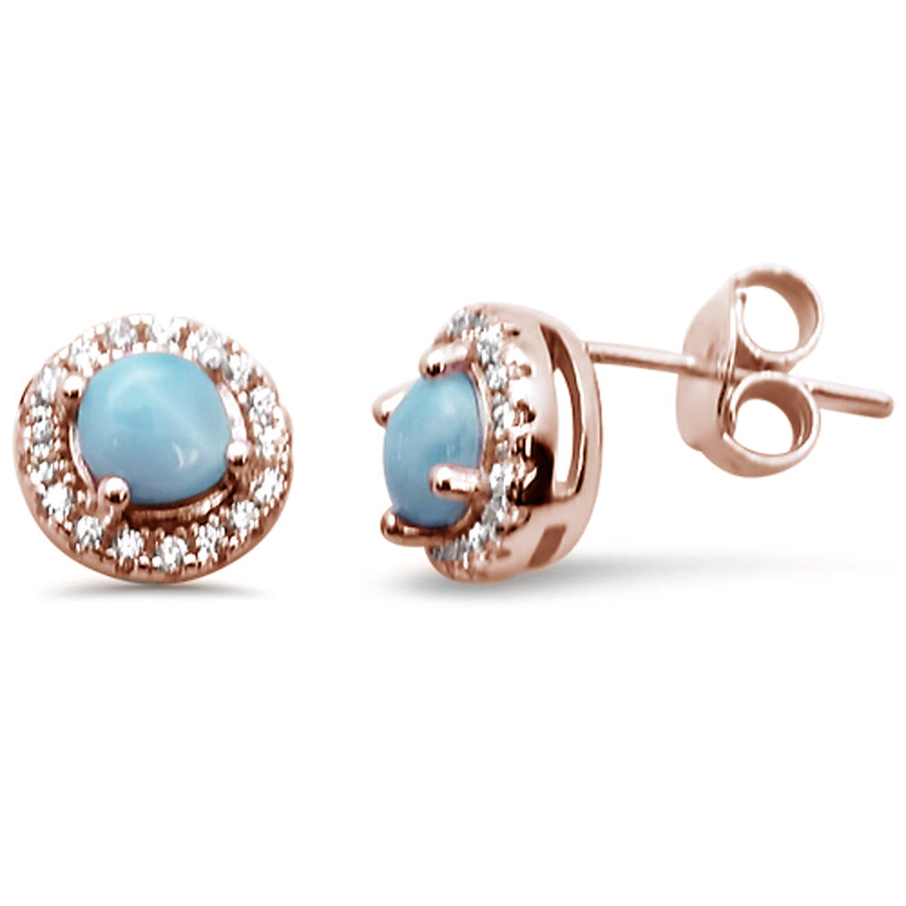 Rose Gold Plated Halo Round Natural Larimar .925 Sterling Silver Earrings